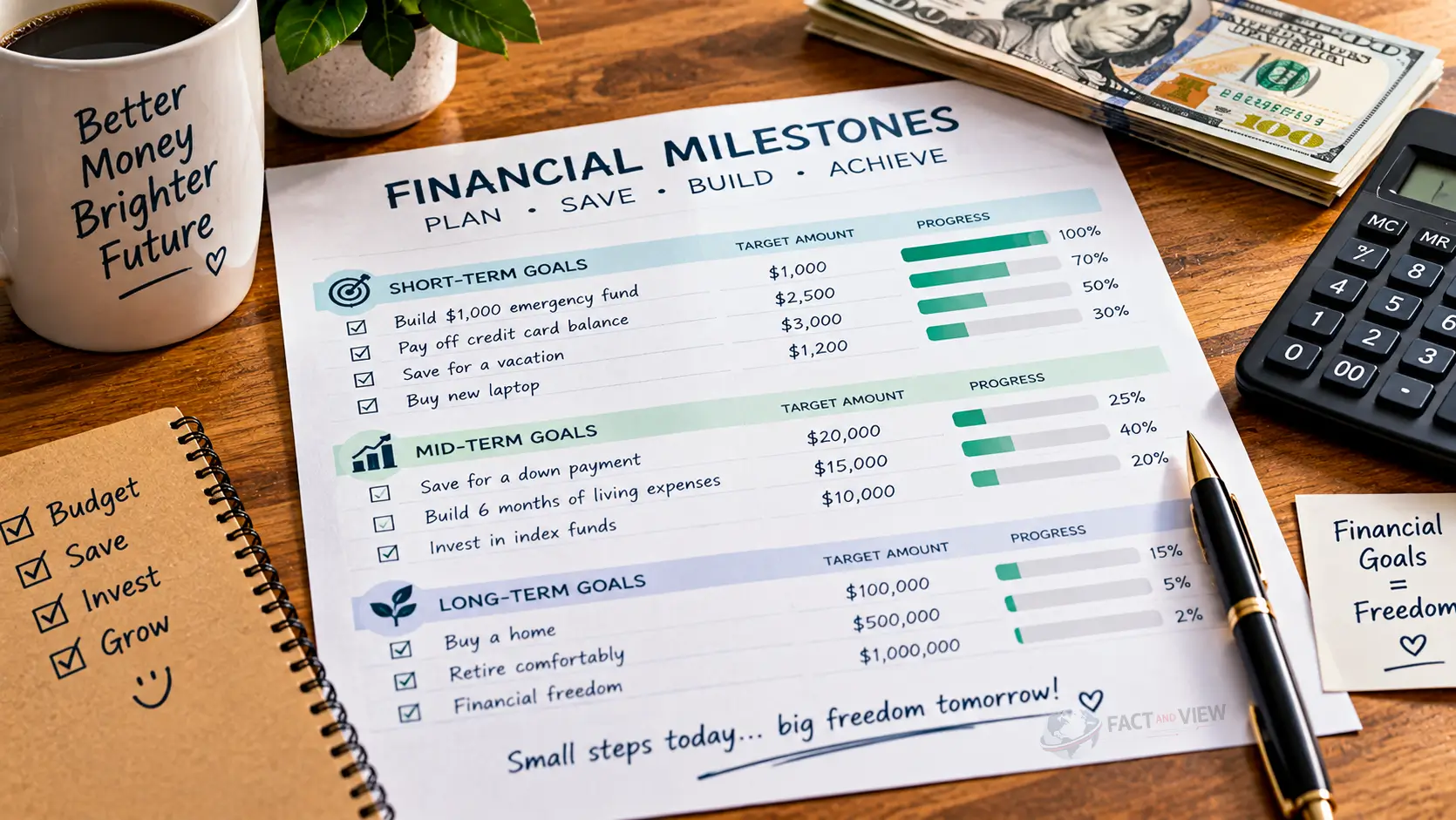 A printed budget planner sheet on a desk showing a 52-week money saving challenge checklist.