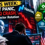 An investor analyzing portfolio metrics on dual monitors during the AI debt Nasdaq selloff.