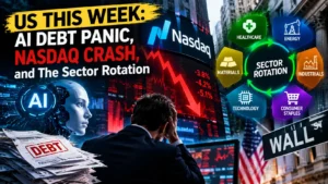 An investor analyzing portfolio metrics on dual monitors during the AI debt Nasdaq selloff.