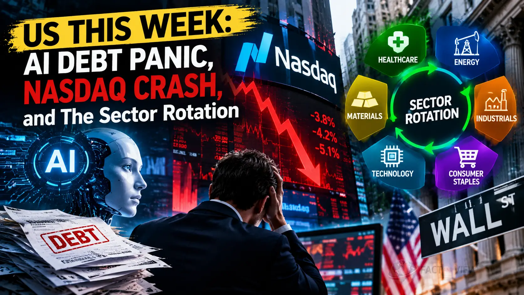 An investor analyzing portfolio metrics on dual monitors during the AI debt Nasdaq selloff.
