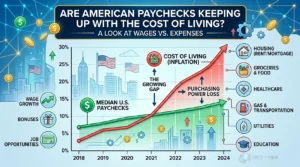 A balance scale weighing U.S. dollar bills against rising prices, illustrating if are wages keeping up with inflation.