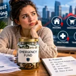 A glass jar labeled savings filled with dollar bills, illustrating how emergency savings and cost of living interact.