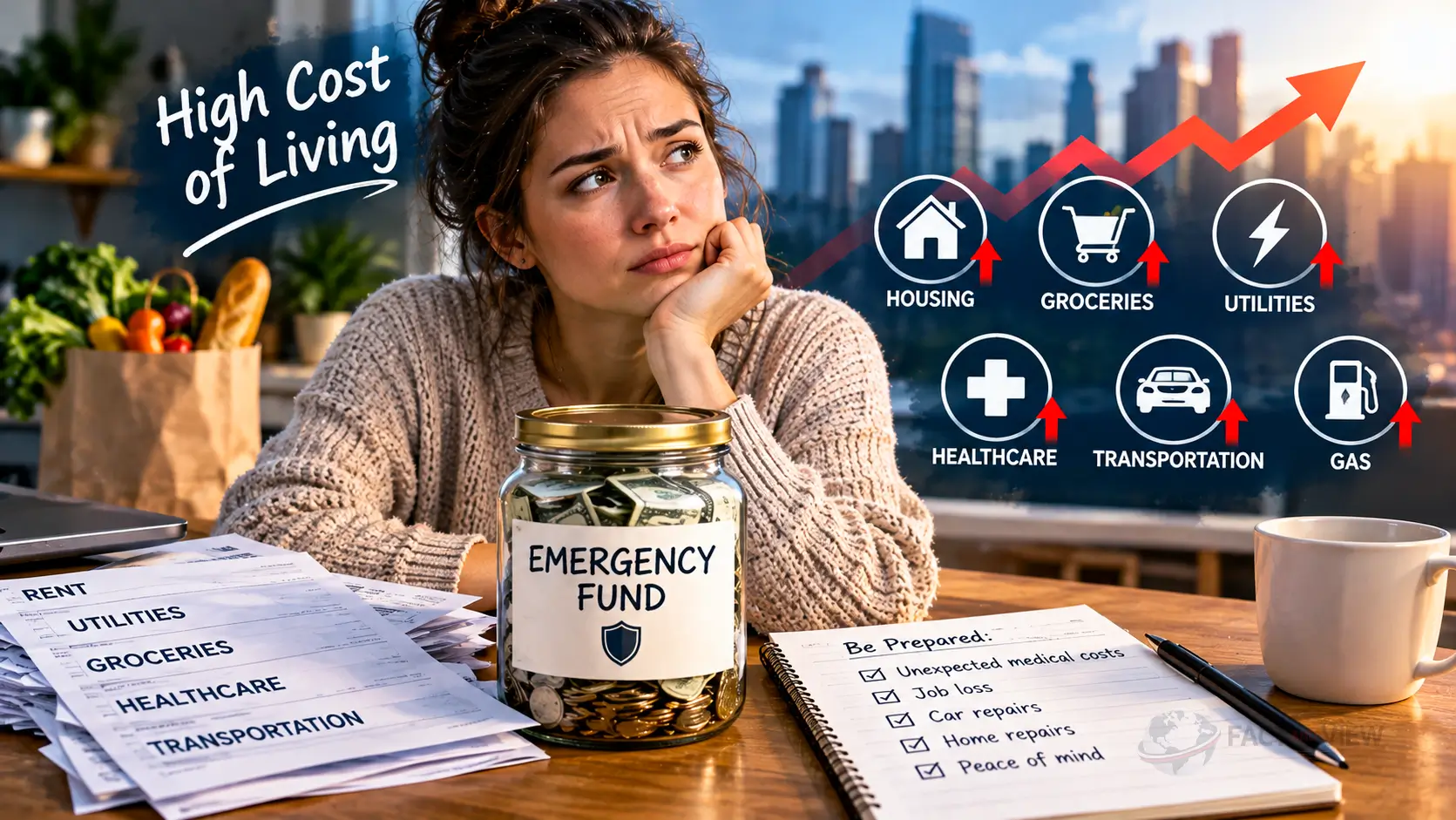 A glass jar labeled savings filled with dollar bills, illustrating how emergency savings and cost of living interact.
