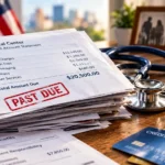 A stack of medical bills next to a stethoscope, illustrating the rising health care costs for American families.