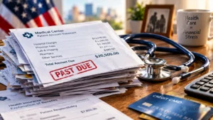 A stack of medical bills next to a stethoscope, illustrating the rising health care costs for American families.