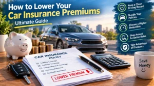 A car key resting on top of a coverage calculation spreadsheet, explaining how to lower car insurance premiums.