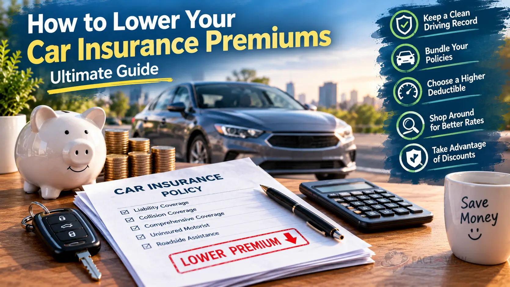 A car key resting on top of a coverage calculation spreadsheet, explaining how to lower car insurance premiums.