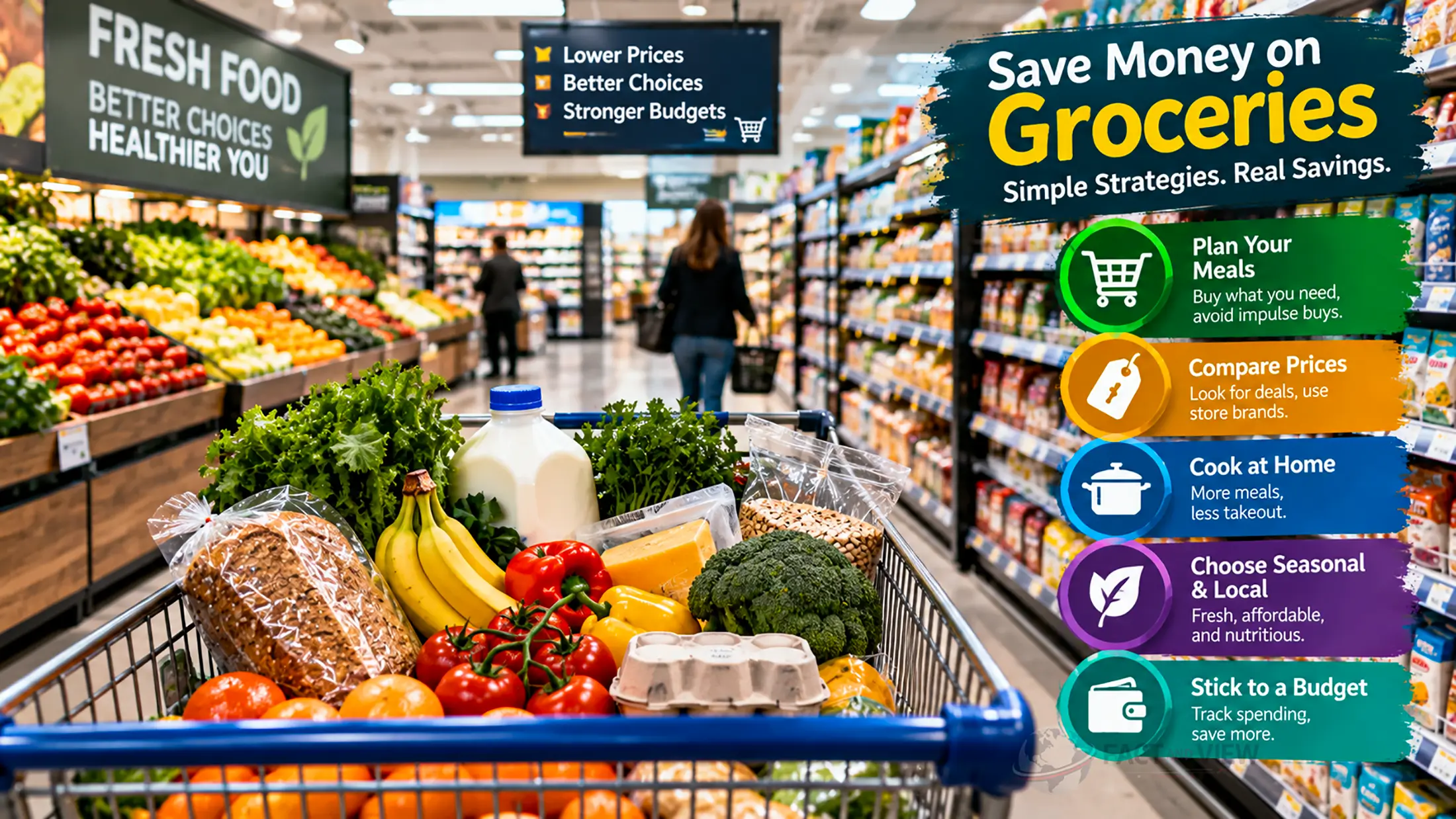 A full grocery cart next to a checkout counter, showing practical tips to save money on groceries.