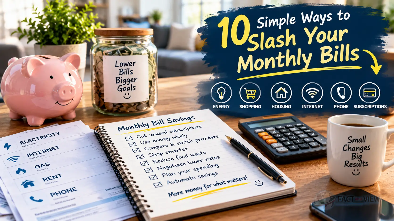 A person using a smartphone and calculator to review family expenses and slash your monthly bills.