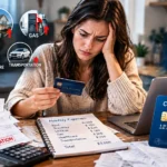 A credit card resting on top of monthly utility bills and receipts, illustrating using credit cards for everyday expenses.