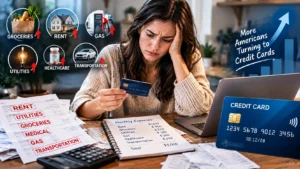 A credit card resting on top of monthly utility bills and receipts, illustrating using credit cards for everyday expenses.