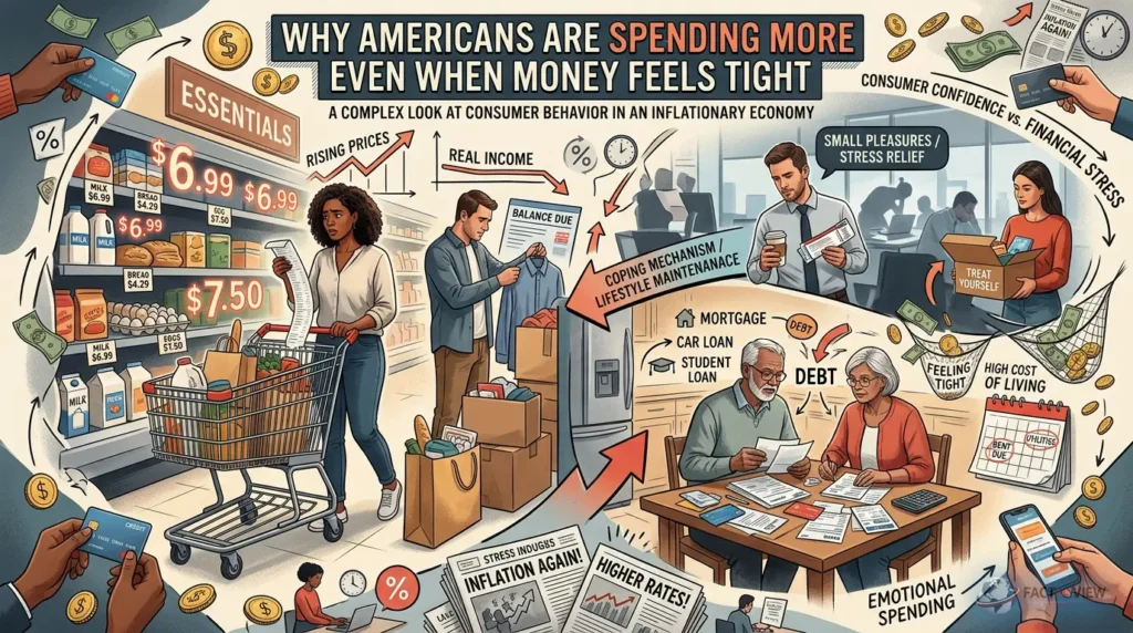 A person checking credit card statements on a smartphone, explaining why Americans are spending more.