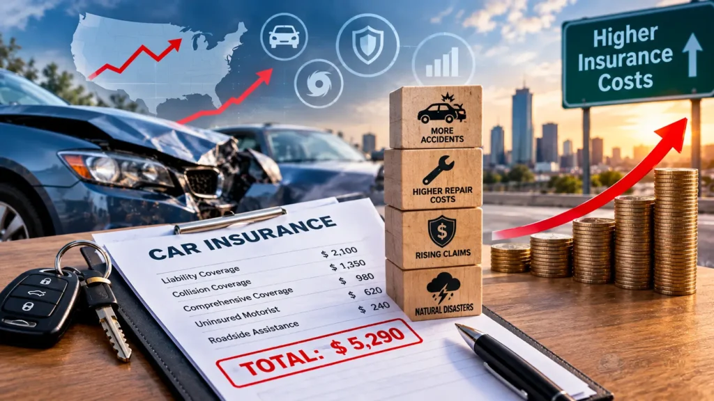 A stressed driver reviewing premium bills on a laptop, illustrating why car insurance is so expensive.