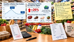 A full grocery cart next to a checkout counter, showing practical tips to save money on groceries.
