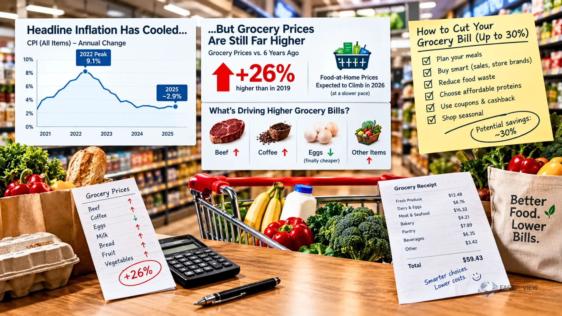 A full grocery cart next to a checkout counter, showing practical tips to save money on groceries.